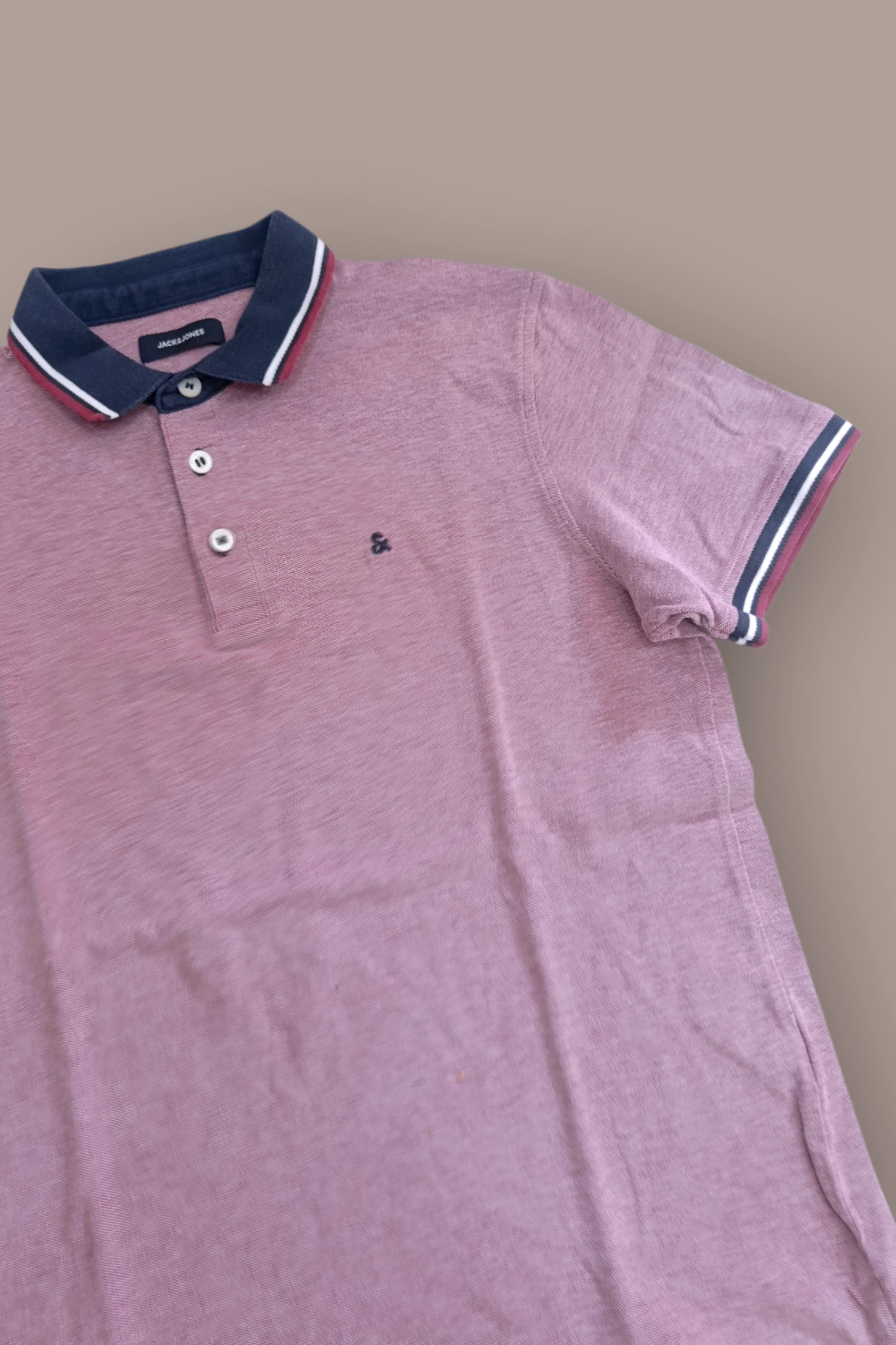| Polo Jack & Jones Homem | Cor Rosa Jaspeado | Gola Contraste Azul Marinho | Manga Curta Casual | Tamanho M | – photo 5